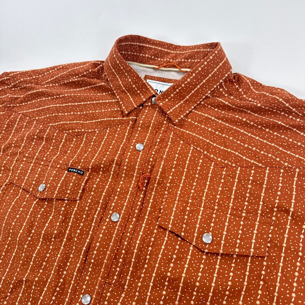 Poncho Mens Shirt Large Orange Striped Western Snap Button Down Outdoor Stretch